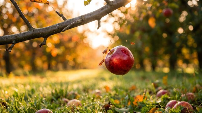 A single red apple captured in motion as it falls from a tree. Autumn harvest scene in an orchard with warm golden hour light