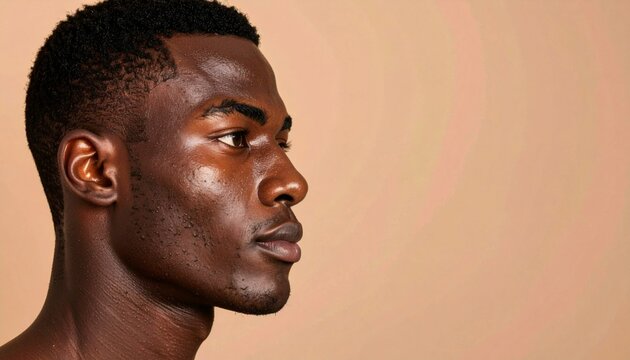 Close up portrait of young well-groomed man looking away against beige studio background. 