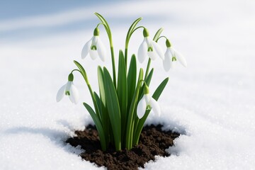 Snowdrops blooming through melting snow on soil patch under soft sunlight with bright background, creative concept of early spring awakening. Ai generative