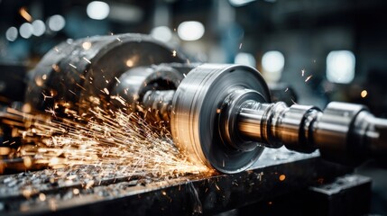 Metal grinding process machinery detail close up with sparks flying