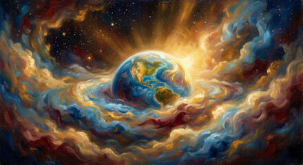 Cosmic Genesis — Painterly Style

A luminous swirl of galaxies forming the Earth, painted in rich, flowing brushstrokes, with radiant light emerging from the void, soft textures, warm divine glow