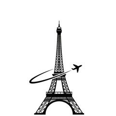 Obraz premium Iconic tower silhouette with airplane soaring through sky, symbolizing travel and adventure.