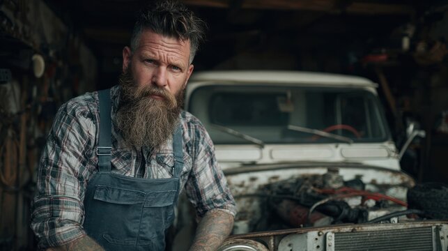 Bearded man stands near vintage truck looking directly at the viewer