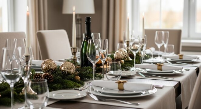 Elegant Christmas dinner table setting with candles, greenery, and champagne.