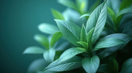 Close-up shot of vibrant green leaves glistening with dew drops. The blurred teal background adds depth and emphasizes the natural beauty of the foliage.