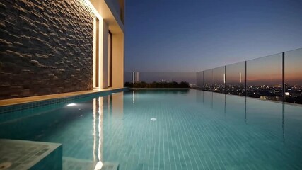 Elegant rooftop infinity pool at twilight, reflecting the evening sky and distant city lights, offering a luxurious urban escape and a panoramic view