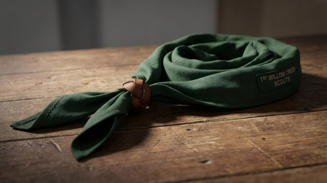 A green scout neckerchief with a leather woggle lying on a rustic wooden table. Youth organization uniform accessory representing adventure and tradition