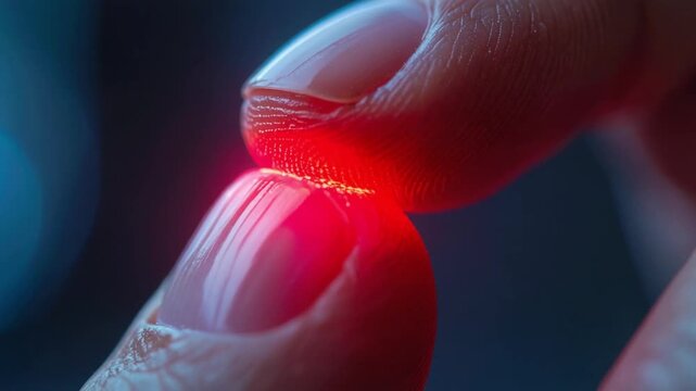 Close-up Fingernail under Red Light: An extreme close-up of a human finger with a fingernail illuminated by a radiant red light, showcasing the interplay of light and shadow, revealing details.