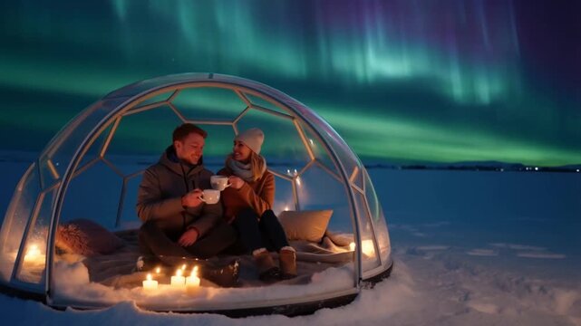 Couple cozied up in a glass igloo under the aurora borealis drinking hot chocolate with warm candlelight inside, concept of arctic christmas escape and luxury travel