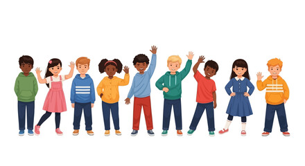 Fototapeta premium Diverse Group of Children Waving Hands, Smiling and Displaying Joy in a Vector Illustration