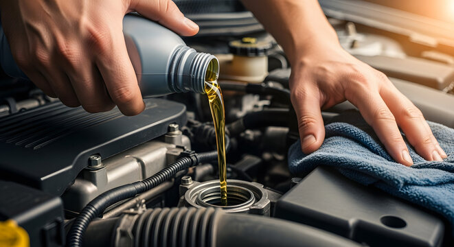 Engine maintenance close up: Adding fresh oil to a car engine to improve performance, A man pours motor oil into his car engine with care, ensuring smooth operation