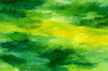Abstract Watercolor Background with Vertical Green and Yellow Brush Strokes and Natural Textured Paper

