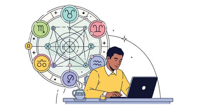 Man working on laptop with astrological chart, horoscope, and zodiac signs for astrology and divination