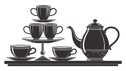 Elegant teaware display for afternoon tea, perfect for café menus or vintage-themed designs, a timeless monochrome illustration in a classic style