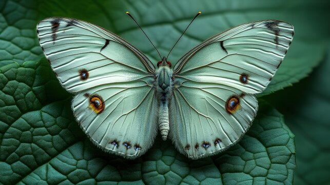A delicate white butterfly adorned with vibrant orange spots perches gracefully on a lush green leaf. This image captures a moment of tranquility and natural beauty.