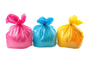 Colorful plastic garbage bags tied shut isolated on transparent background. Garbage bags isolated on white background.