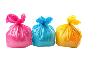 Colorful plastic garbage bags tied shut isolated on transparent background. Garbage bags isolated on white background.