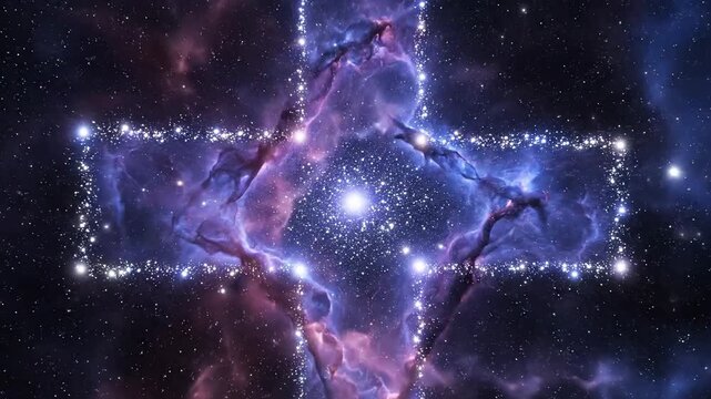 Cosmic cross formation in nebula against starry background