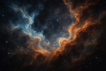 Fototapeta premium Cosmic nebula with swirling orange and blue gas clouds in deep space forming an abstract background with stars and glowing light accents. Ai generative
