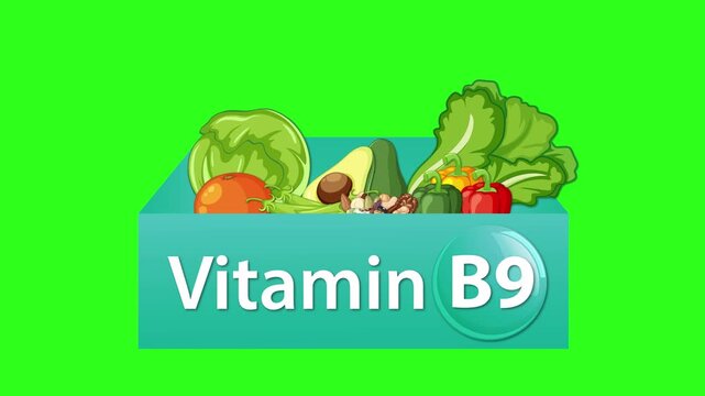 Vitamin B9 Box Animation with Fresh Vegetables on Green Background