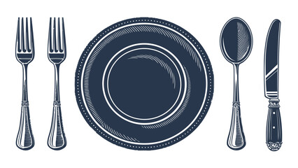 Elegant vintage dining set illustration featuring plate, forks, spoon, and knife for restaurant menus, culinary projects, and sophisticated table setting designs