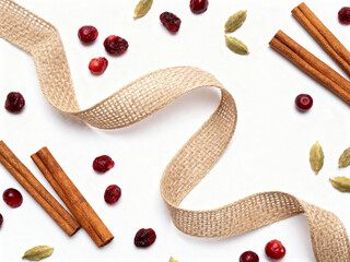 Decorative arrangement of cinnamon sticks, cranberries, and ribbon  
