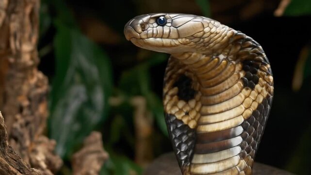 A cobra with a broad hood rears tall, displaying patterned scales amid foliage and bark. amid leaves