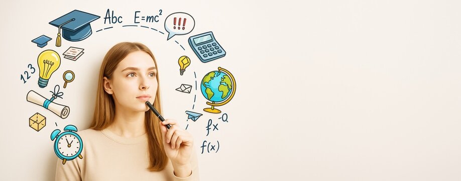 Thoughtful young woman with education-themed doodles around her head on a clean light background, concept of learning and innovation in science.