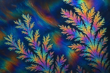 Vivid fractal-style branches in rainbow hues over deep blue swirling background evoking cosmic light and energy concept collage impression. Ai generative