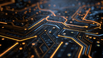 A dark, futuristic circuit board with glowing orange pathways and subtle blue elements, symbolizing advanced technology and digital connections.