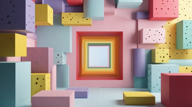 Playful Pastel Geometric Shapes and Abstract Tunnel Composition