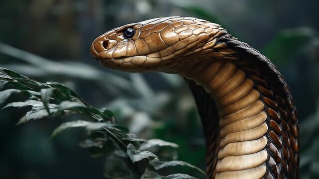 Close-up of a brown-speckled cobra with a curved neck, glistening scales, lush leafy backdrop scene!