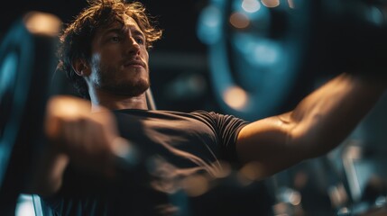 Determined man intensely working out at the gym for fitness goals.