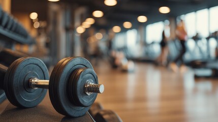 Dumbbells in a Modern Gym with Blurred People Exercising