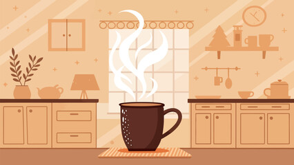Warm cup of comforting coffee creates a cozy kitchen scene, perfect for relaxation, a calming illustration with inviting home atmosphere and morning bliss
