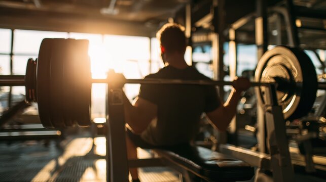 Man Doing Squats with Barbell in a Sunny Gym Interior