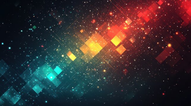 Abstract background with vibrant red, orange, and teal squares and glowing particles.