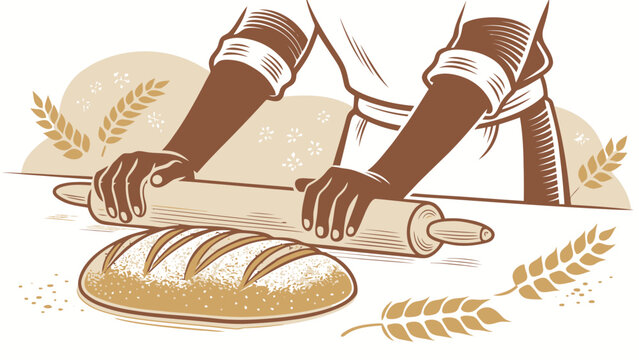 Artisanal bread making illustration, vintage design. Freshly baked loaf, culinary concept, handcrafted wheat, grain food, bakery product for menu designs - Powered by Adobe
