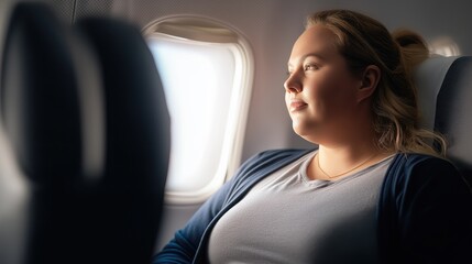 Plus-size passenger in navy and grey attire sits comfortably in a modern airplane seat, softly lit by window light with minimalist background.
