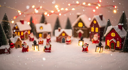 Miniature Christmas Village Scene with Santa Figures, Lit Houses and Falling Snow Creates Festive Ambiance