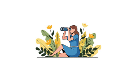 Woman Looking Through Binoculars Amidst Foliage, Exploring Nature's Wonders