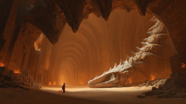 Wanderer Before Giant Dragon Skeleton in Cathedral