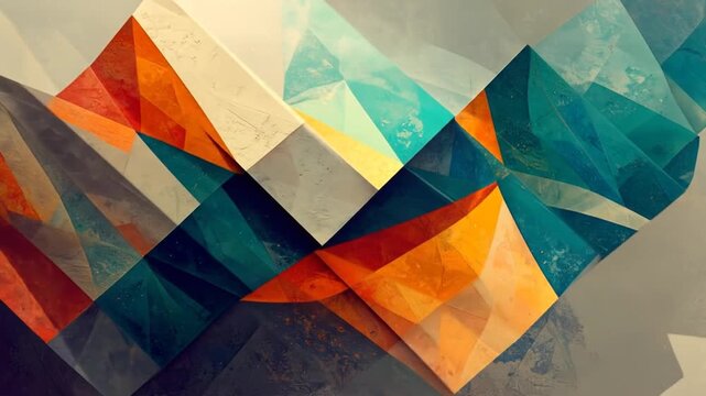 A geometric abstract composition featuring overlapping layered shapes with vibrant color gradients
