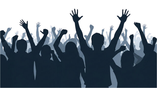 Crowd cheering with hands raised in excitement and celebration