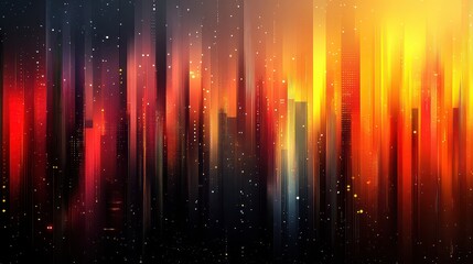 Abstract city skyline at sunset with warm colors and light streaks.