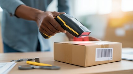 Diverse postal worker uses handheld barcode scanner with red beam to scan a shipping label on a box in a bright e-commerce workspace.
