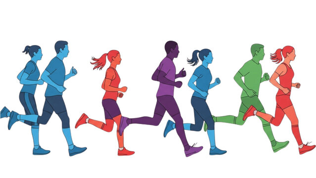 Diverse Group of Runners Exercising Together in a Colorful Illustration
