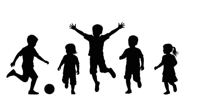 Dynamic silhouettes of diverse children joyfully playing, running, and jumping, embodying active and happy childhood fun