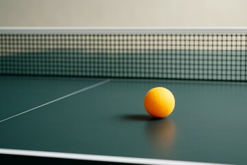 Close-up of a yellow ping pong ball on a green table tennis surface with net in soft focus background under natural light in indoor sport setting. Ai generative
