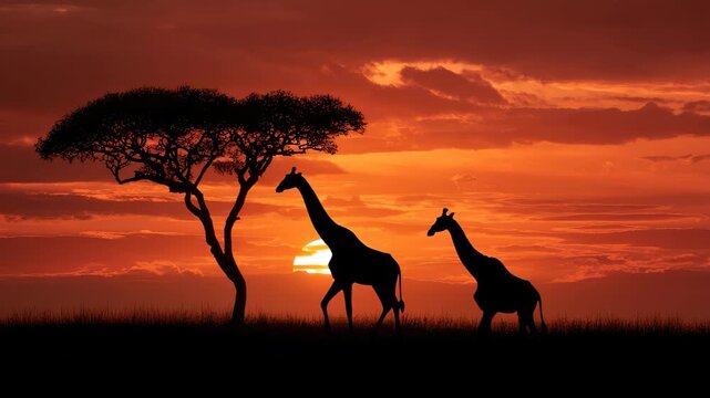 Silhouette of a giraffe against a vibrant African sunset with a majestic tree